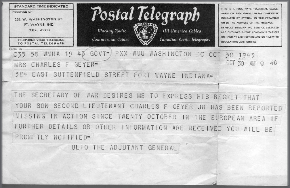  MIA/ Missing Telegram Dec 18 1943 2